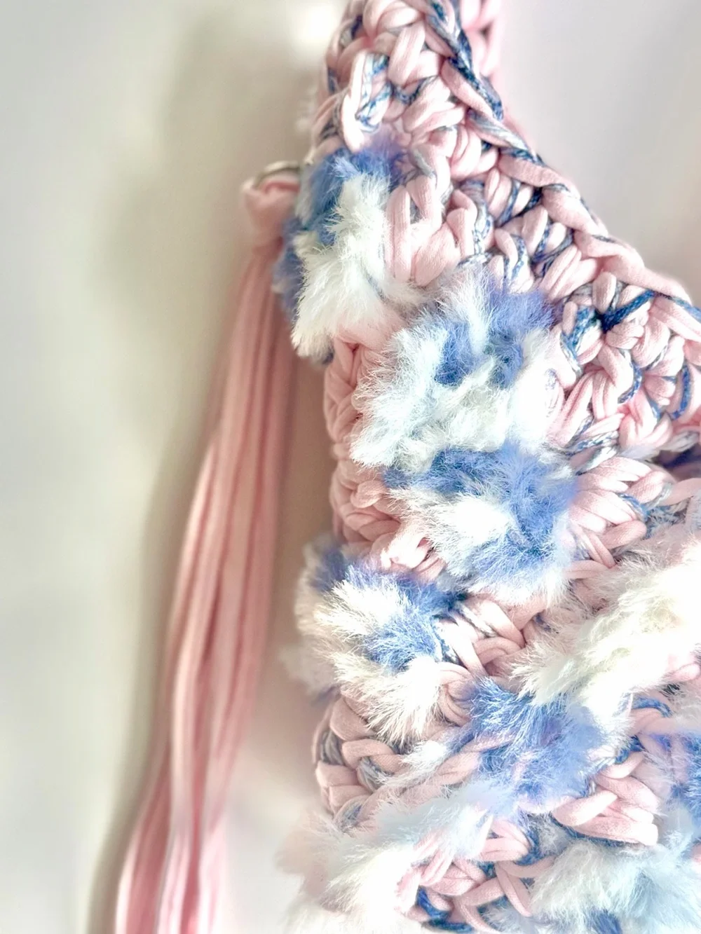 The TRIANGLE Crochet Top-Handle Bag — Pink & Blue with Fringe